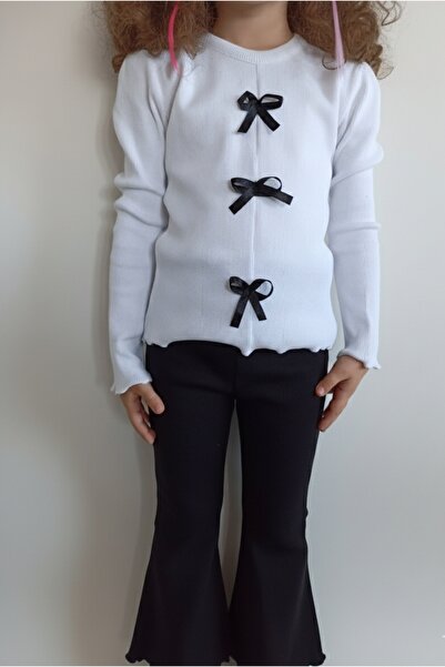 NİLZ White and Black Color Girls' Ribbon Detailed Ribbed Camisole Top and Bottom Set