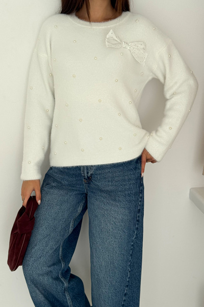 Noa Noa Women's Beaded Detailed Bow Knit Sweater – Elegant & Fun Style