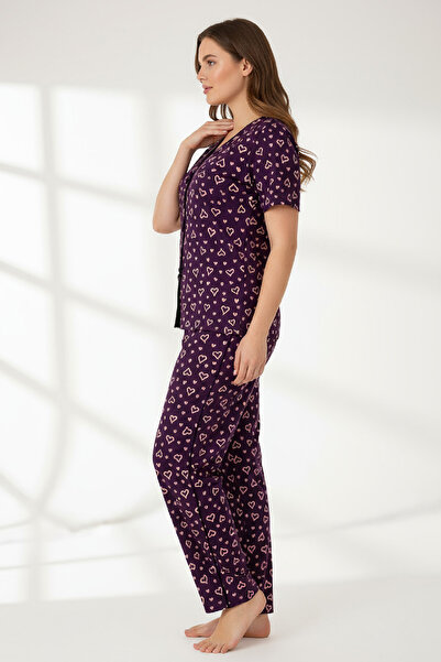 babatr.com Women's Purple Heart Pattern Bow Short Sleeve Long Pajama Set