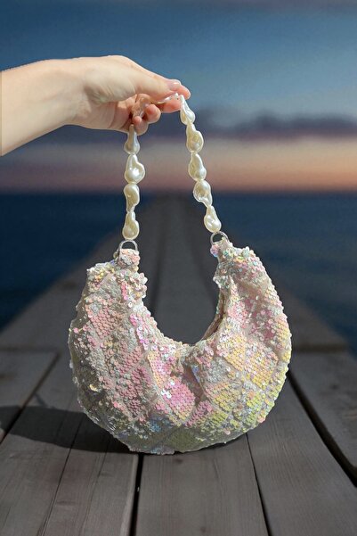 vesperatr Yanardöner pullu tasarım inci saplı elbise çantası