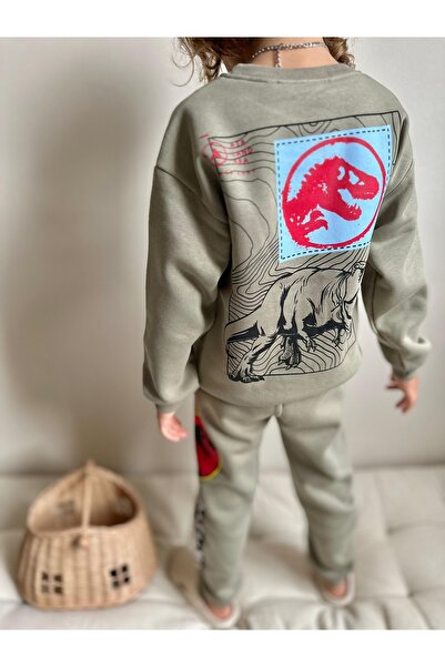 Patriko Boys' Dinosaur Khaki Color Jurassic Printed Inner Fleece Lined Winter New Season Bottom Top Tracksuit Set