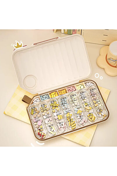 OEM Cutie pastile, Organizator medicamente 7 zile, 21 compartimente, 23.5 x 15.5 cm, Bej