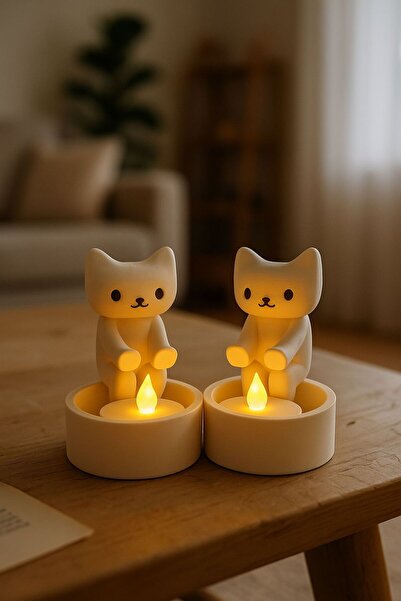 loftico Patilerini Isıtan Kedi Figürü Tekli veya 2’li, Dekoratif Tealight LED...