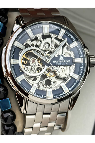 Navimarine Automatic (Battery-Free) Men's Watch, Silver Steel Band. 2 Years Warranty, Navy Blue Dial with Bracelet Gift