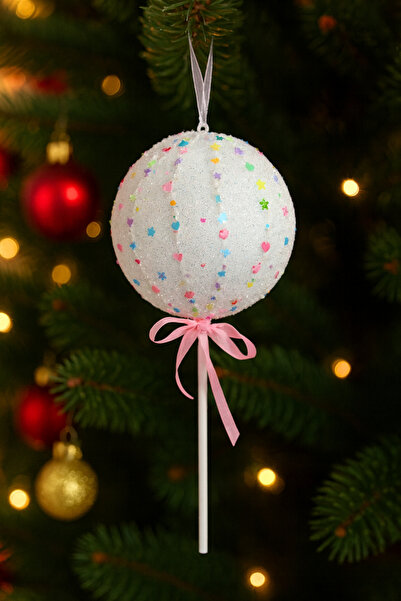 Huzur Party Store Γλυκό Χριστουγεννιάτικο Στολίδι Πεύκου με Φιόγκο Ροζ 25 εκ. και Πολύχρωμο Μίνι Αστέρι σε Σχήμα Καρδιάς