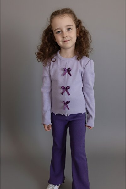 NİLZ Lila Kız Çocuk Kurdele Detaylı Fitilli Kaşkorse Alt Üst Takım