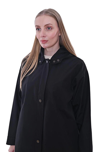 Invee Kapüşonlu Uzun Yağmurluk - Siyah