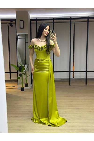 Larenmoda Saten omzu çiçekli balık abiye