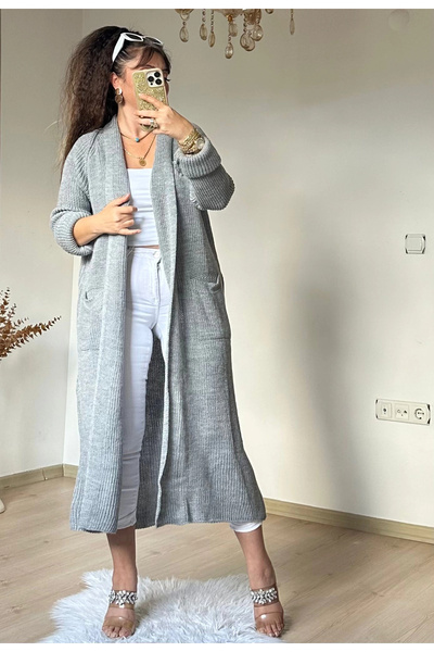 AZRA BUTİK Long Loose Cardigan Gray