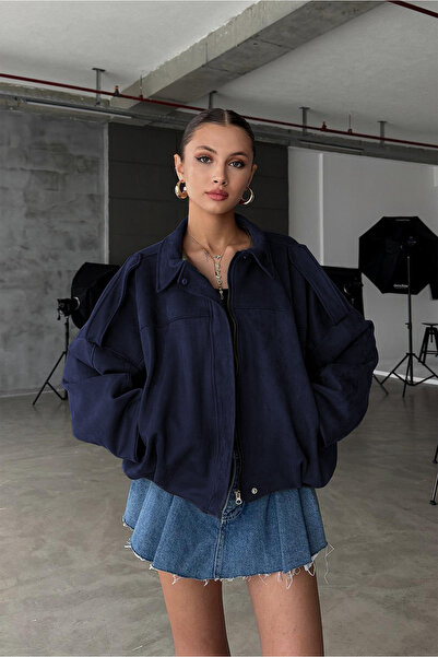 NET OF NOT Oversize Kadın Bomber Lacivert Süet Deri Ceket