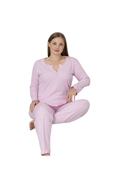 İNSPİRA Plus Size Oversized Pajama Set Patterned Long Sleeve V-Neck Winter Fabric