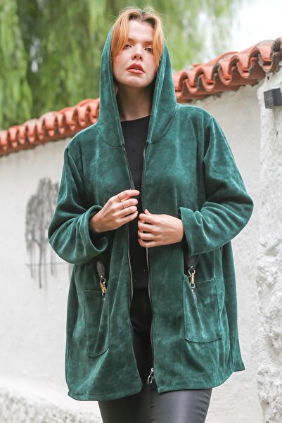 Chiccy Italian Green Hooded Long Sleeve Zippered Pocket Casual Velvet Woven Jacket 80 75