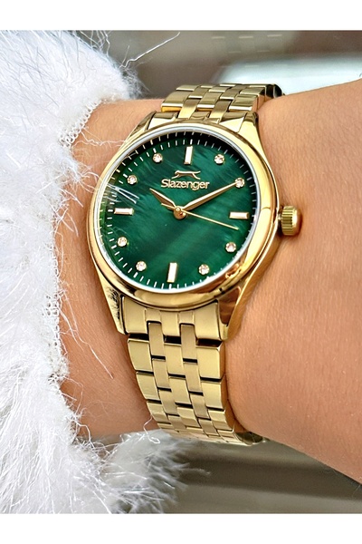 Slazenger Steel Band Steel Case 5 Atm Water Resistant Gold-Green Color Women Wristwatch 2528Mr