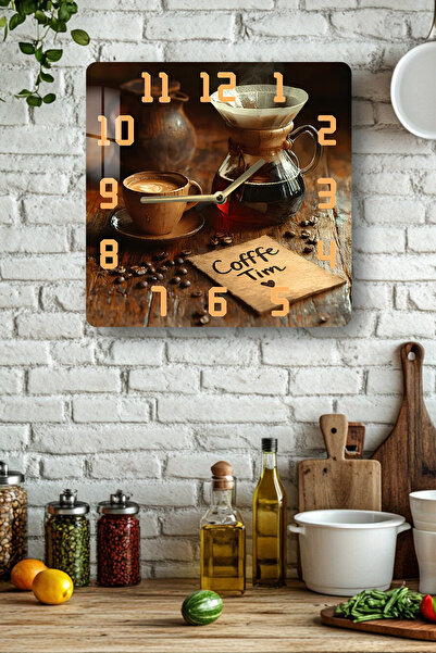 kutuTR Coffee Themed Tempered Glass Square Clock 33X33 cm Size Uv Printing - Kcs065