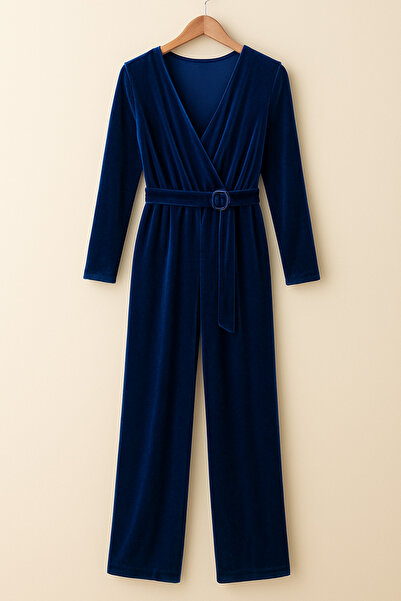 STYLENEST Women's Long Sleeve Belt Detailed Velvet Jumpsuit