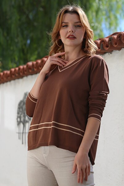 Chiccy Καφέ πλεκτό πουλόβερ με λαιμόκοψη σε σχήμα V με μακριά μανίκια άνοιγμα ρίγες 65 60