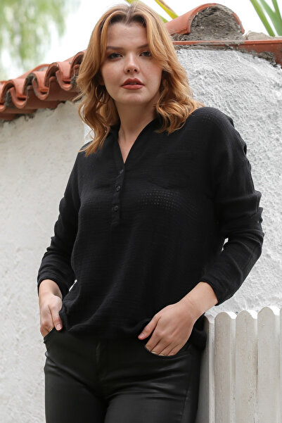 Chiccy Black Shirt Collar Long Sleeve Buttoned Pocket Cotton Woven Blouse 60 56