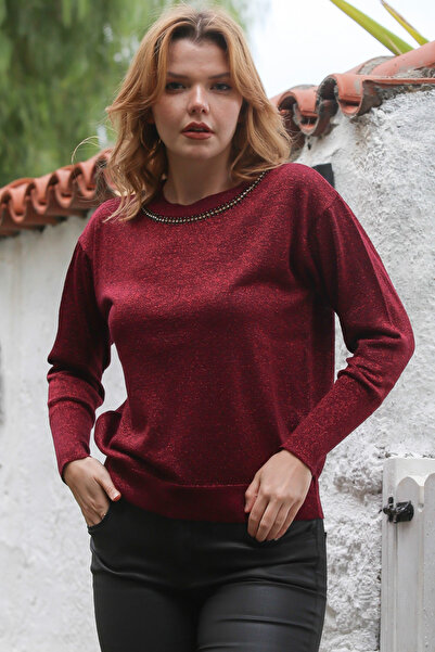 Chiccy Burgundy Round Neck Long Sleeve Slim Rhinestone Glitter Knit Sweater 65 62