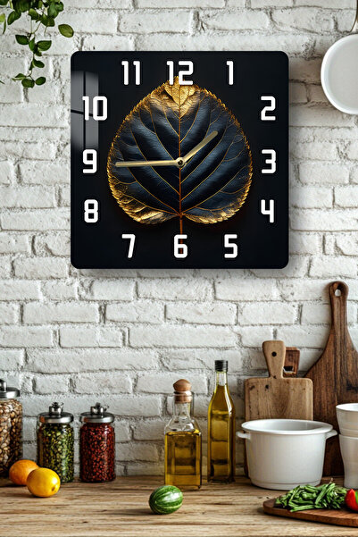 kutuTR Tempered Glass Square Clock with Gold Leaf Pattern on Black Background 33X33 cm Size Uv Printing - Kcs057