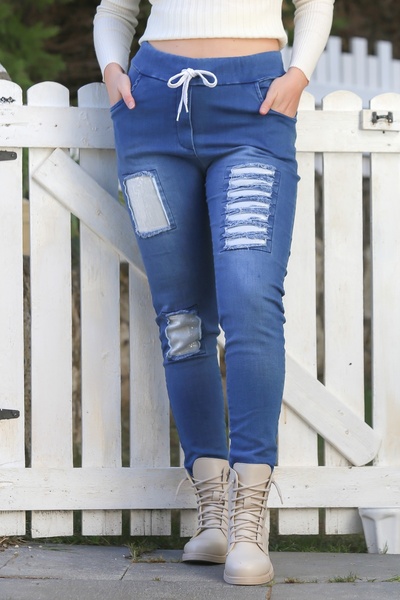 Chiccy Jean Blue Pocketed Sequin Detailed Washed Appliqued Elastic Waist Denim Trousers 105 60
