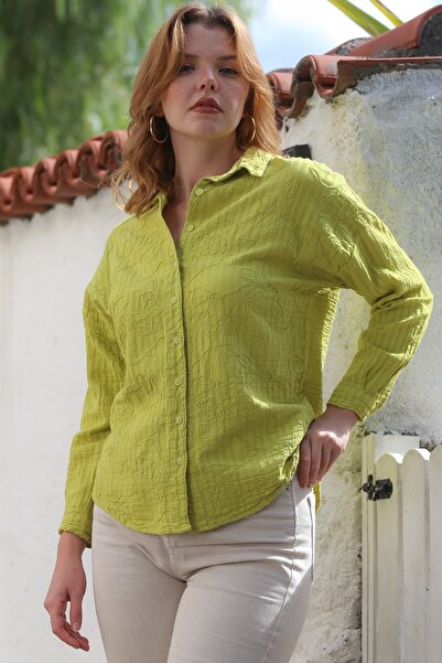 Chiccy Πουκάμισο σε χρώμα λάιμ με γιακά και μανίκια με μανσέτες, υφαντό πουκάμισο με κουμπιά 70 58
