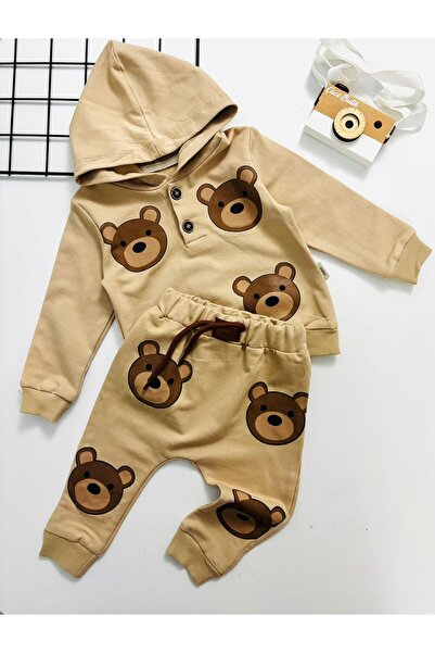 cacobutik Baby Boy Cute Teddy Bear Printed Hoodie Set