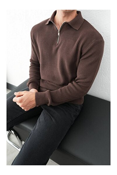 perasttesktil Ανδρικό πλεκτό πουκάμισο με φερμουάρ και γιακά