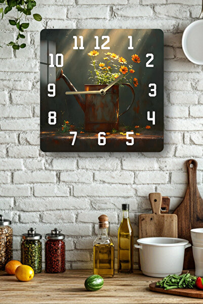 kutuTR Flower Watering Can Themed Tempered Glass Square Clock 33X33 cm Size Uv Printing - Kcs055