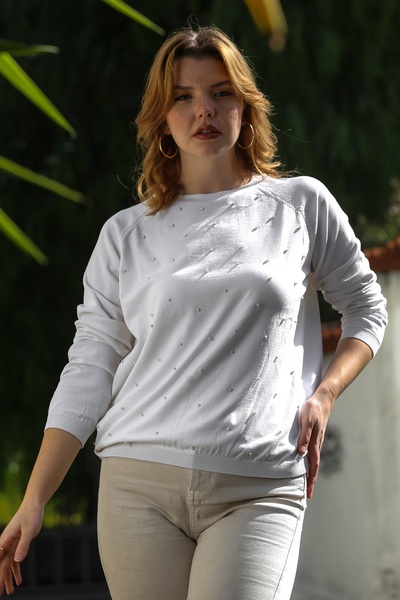 Chiccy Ecru Round Neck Long Sleeve Thin Beaded Knitwear Blouse 68 66