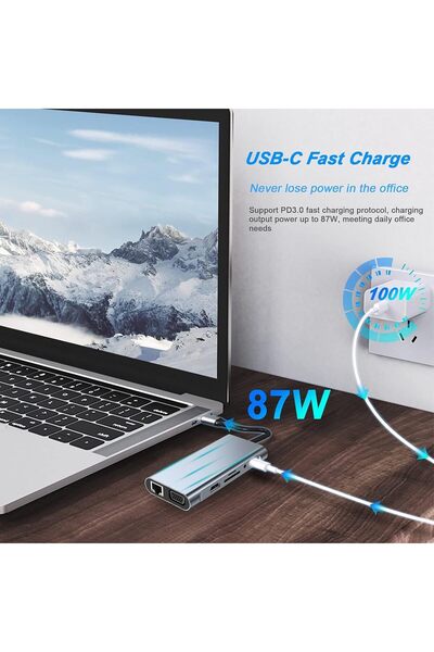 Generic محطة إرساء USB-C 11 في 1 مع HDMI وVGA وType-C PD وUSB 3.0 وRJ45 Ethernet وقارئ SD/TF ومنفذ 3.5 مم