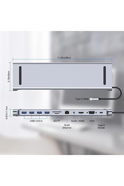 Generic محطة إرساء USB C 11 في 1 مع HDMI بدقة 4K وVGA وقارئ SD/TF و4 منافذ USB 3.0 وRJ45 - محول لـ