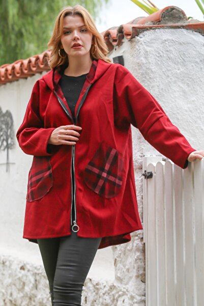 Chiccy Italian Red Hooded Long Sleeve Zippered Pocket Casual Cashmere Woven Coat 80 75