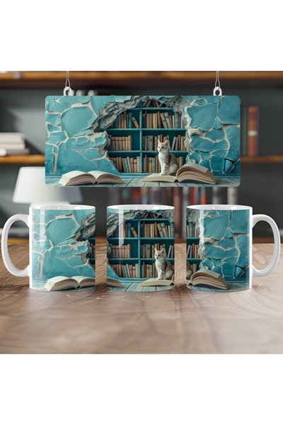 Beramussa 3D Retro Kitaplık ve Kedi Kupa – 3 Boyutlu Hayvan ve Kitap Detaylı ...