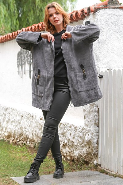 Chiccy Italian Grey Hooded Long Sleeve Zippered Pocket Casual Velvet Woven Jacket 80 75