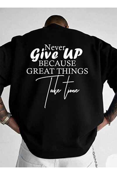 LORVEX Swea tricou GİVE UP Print unisex oversize negru cu gât crew