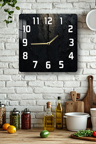 kutuTR Black Textured Industrial Tempered Glass Square Clock 33X33 cm Size Uv Printing - Kcs063
