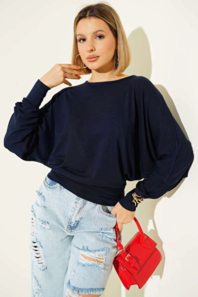Zerenyus Batwing Sleeve Casual Blouse Navy Blue