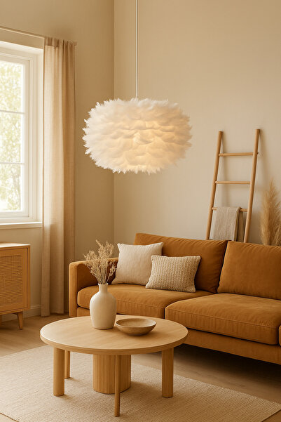 Luna Lighting Flora Model Beyaz Tüylü Kumaş Modern Estetik Tekli Sarkıt Avize