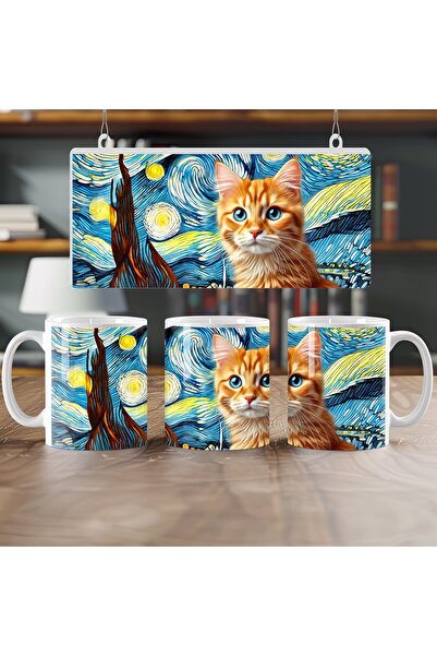 Beramussa كوب قهوة وشاي فني ملون على طراز فان جوخ - هدية مع تصميم القطط في ال...