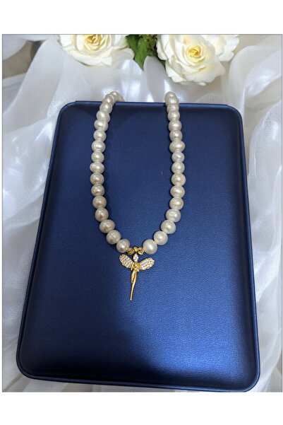 Harikalar Aksesuar Sertifikalı Doğal Beyaz İnci Kolye 8mm -Çelik Klips-Kanatl...