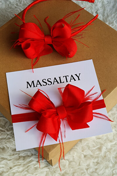 Massaltay Red Mother Bow Feather Crown and Baby Bandana Set - Stylish and Coordinated Accessory Set