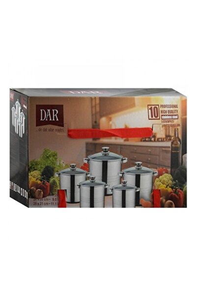 DAR Set 10pcs 5 Stainless Steel Pots with 5 Glass Lids 4.3l 5.6l 7.2l 9l 11.1l