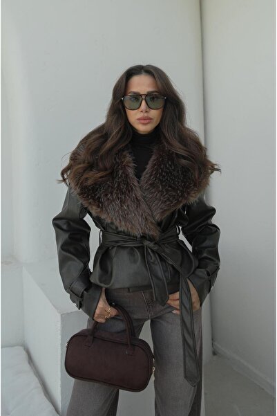 Havoş Δερμάτινο μπουφάν με χακί γιακά και λεπτομέρεια από γούνα