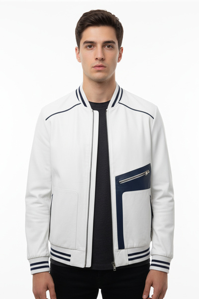 ECOTİQUE Erkek Slim Fit Beyaz Hakiki Deri Ceket Mont Prime Leather