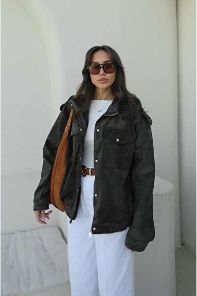 Havoş Khaki Premium Fabric Leather Suede Jacket