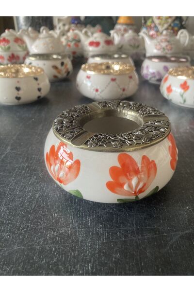 RGS HOMELİFE Handmade Ashtray with Flower and Fruit Patterns with Lid, Decorative Gift Presentation Tray