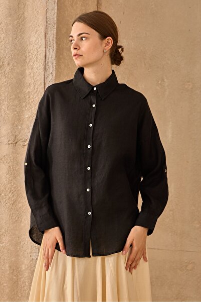 QANU Λινό κοντό πουκάμισο μαύρο