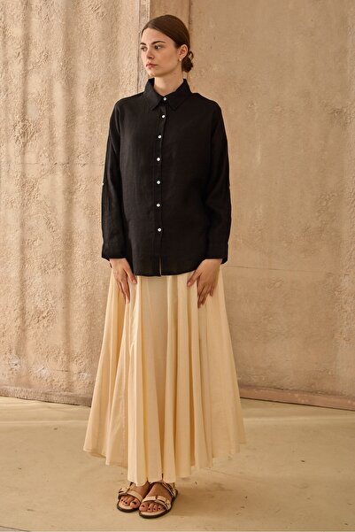 QANU Λινό κοντό πουκάμισο μαύρο