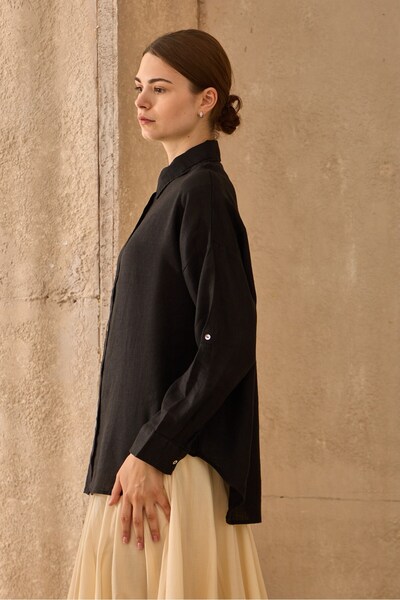 QANU Λινό κοντό πουκάμισο μαύρο