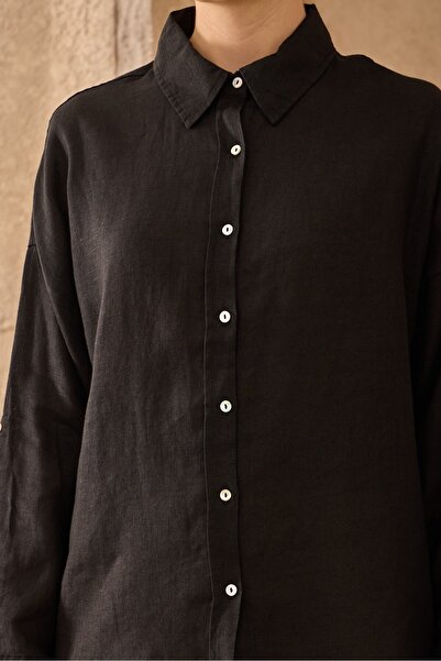 QANU Λινό κοντό πουκάμισο μαύρο